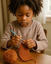 A child learning to crochet with colorful yarn