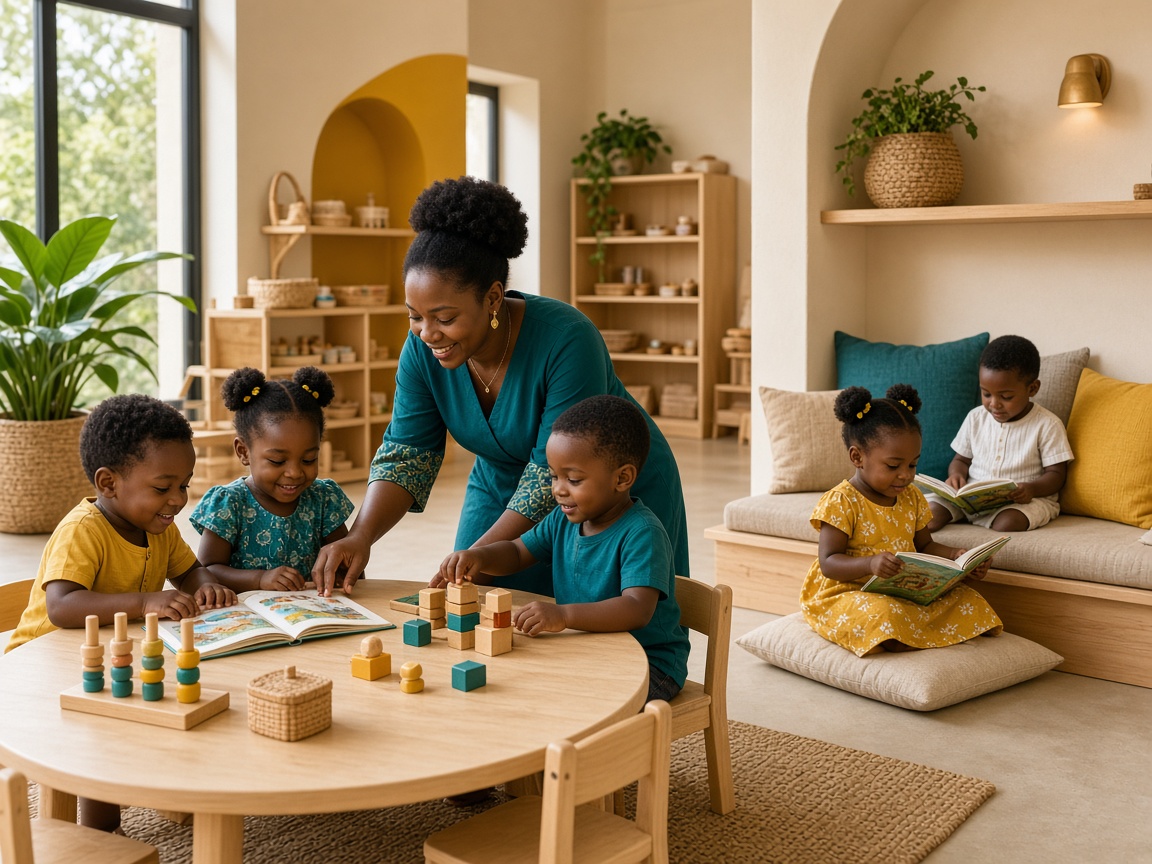 Children exploring books and educational toys with their teacher in a Ghanaian preschool